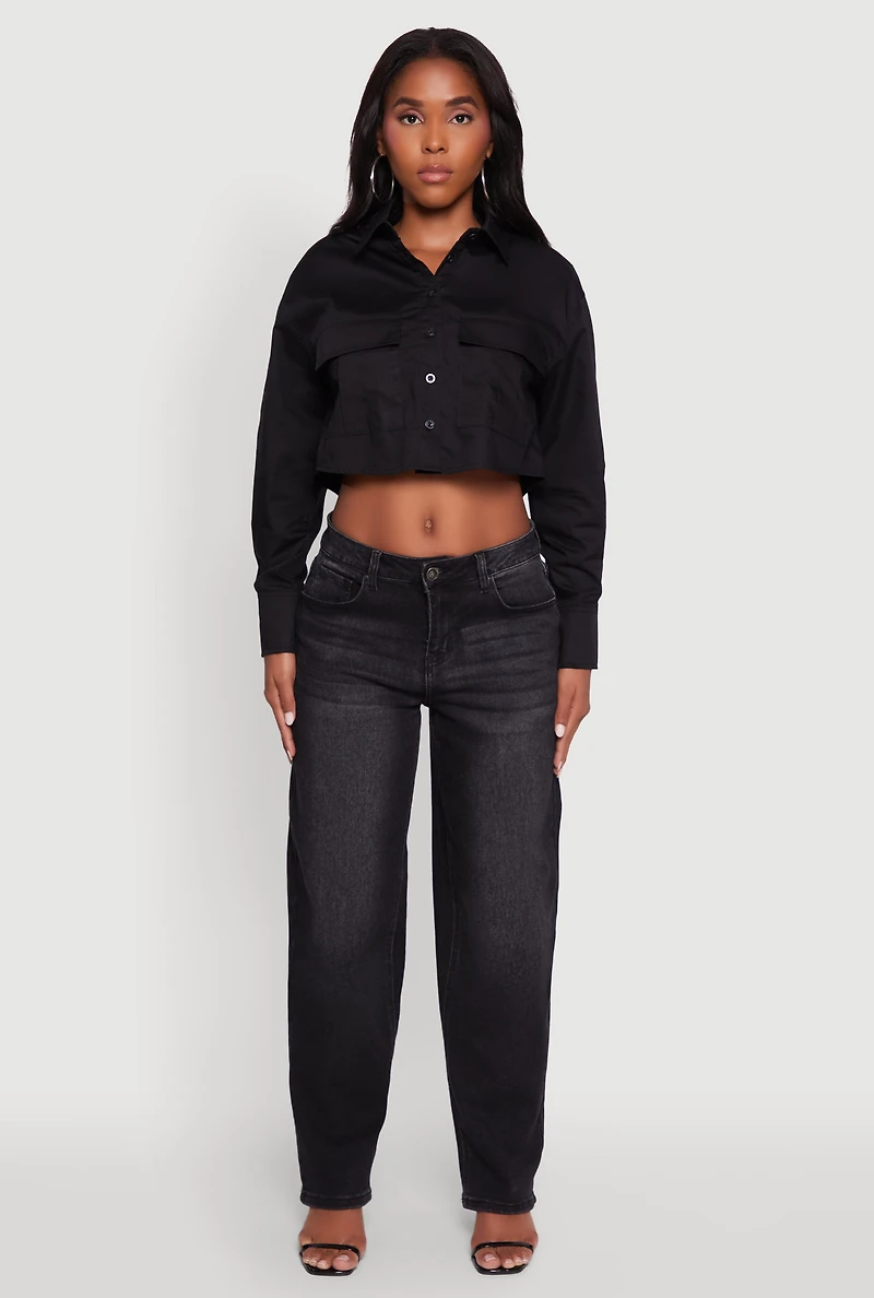 Womens Poplin Flap Pocket Boxy Cropped Shirt, Black, Size L