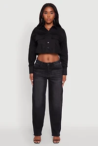 Womens Poplin Flap Pocket Boxy Cropped Shirt, Black, Size L