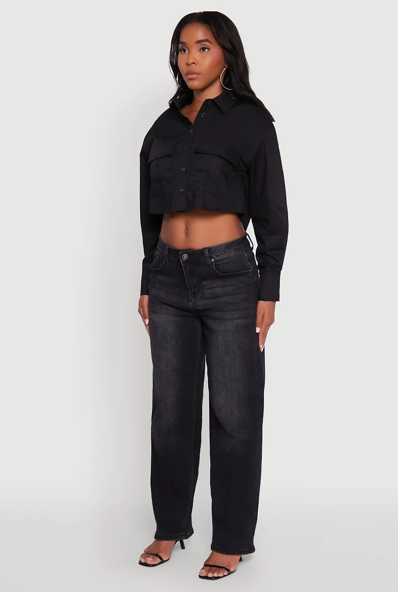 Womens Poplin Flap Pocket Boxy Cropped Shirt, Black, Size L