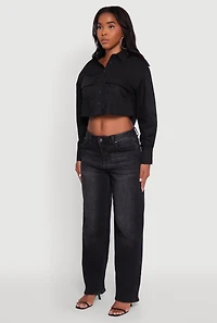 Womens Poplin Flap Pocket Boxy Cropped Shirt, Black, Size L