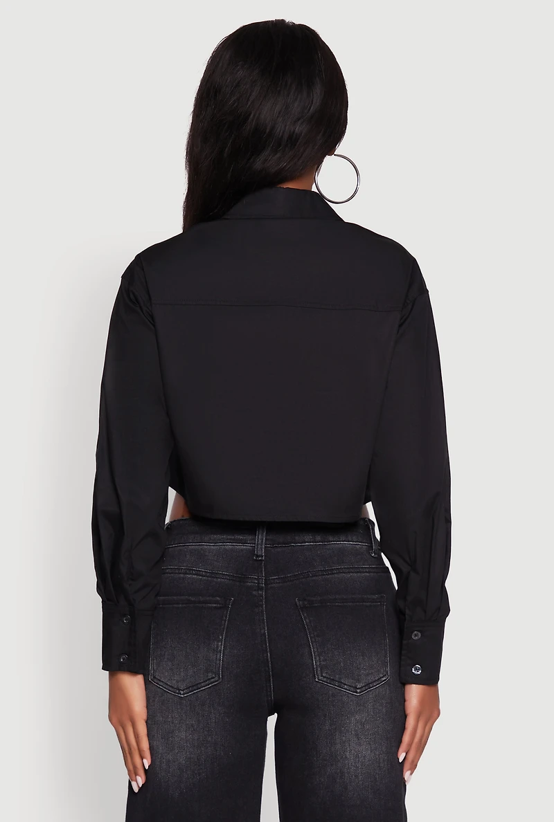 Womens Poplin Flap Pocket Boxy Cropped Shirt, Black, Size L