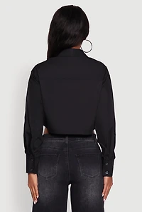 Womens Poplin Flap Pocket Boxy Cropped Shirt, Black, Size L