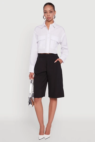 Womens Poplin Flap Pocket Boxy Cropped Shirt, White, Size M