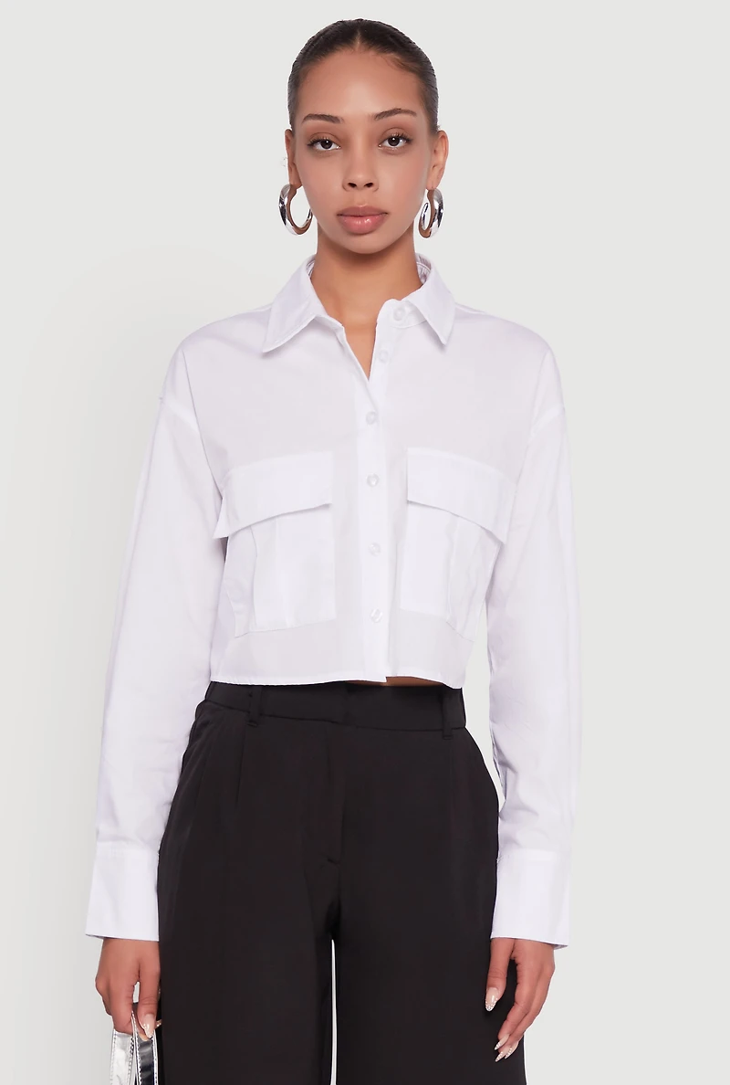 Womens Poplin Flap Pocket Boxy Cropped Shirt, White, Size M