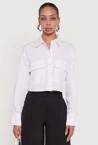 Womens Poplin Flap Pocket Boxy Cropped Shirt, White, Size M