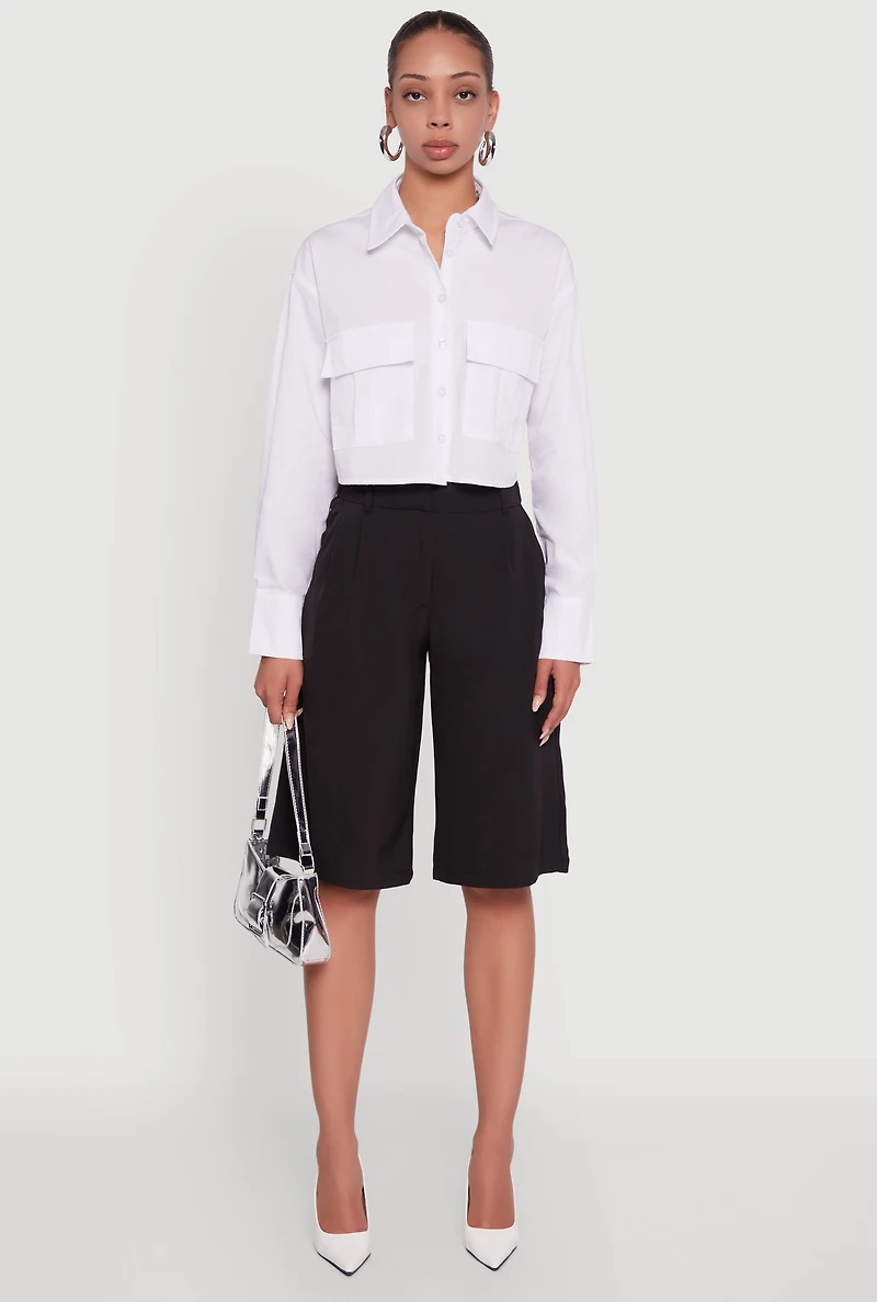 Womens Poplin Flap Pocket Boxy Cropped Shirt, White, Size M