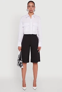 Womens Poplin Flap Pocket Boxy Cropped Shirt, White, Size M