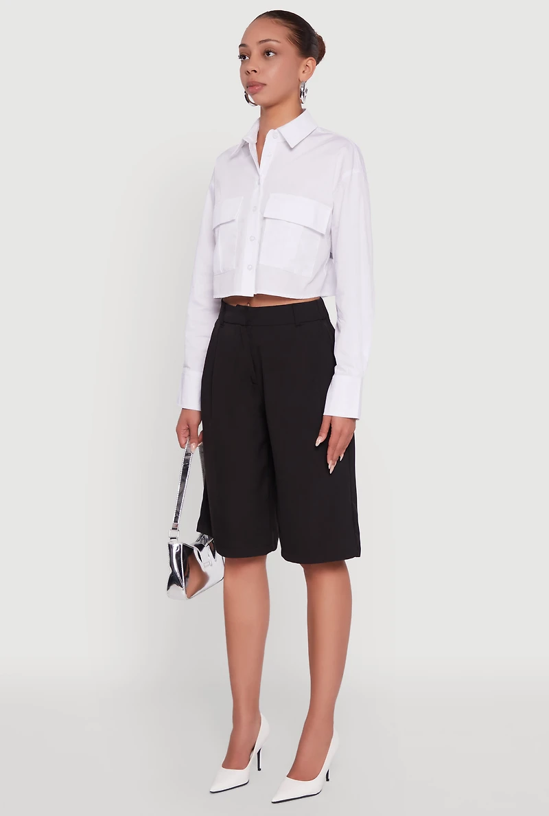 Womens Poplin Flap Pocket Boxy Cropped Shirt, White, Size M