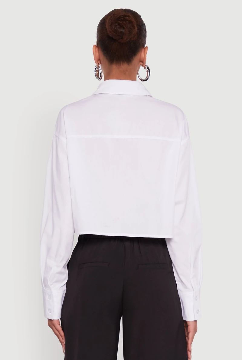 Womens Poplin Flap Pocket Boxy Cropped Shirt, White, Size M