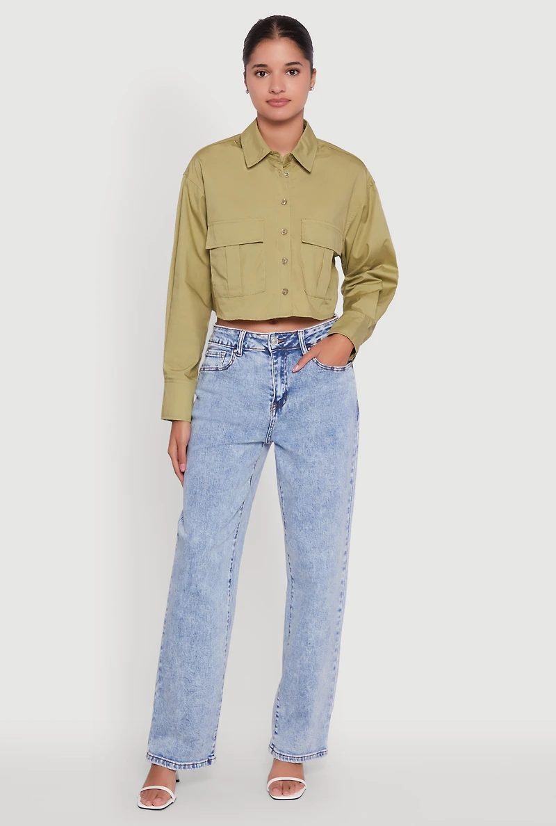 Womens Poplin Flap Pocket Boxy Cropped Shirt, Green, Size L