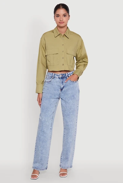 Womens Poplin Flap Pocket Boxy Cropped Shirt, Green, Size L