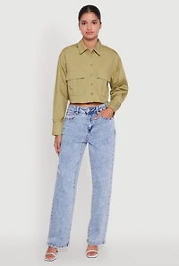 Womens Poplin Flap Pocket Boxy Cropped Shirt, Green, Size L
