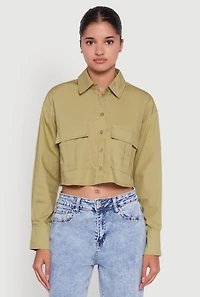 Womens Poplin Flap Pocket Boxy Cropped Shirt, S