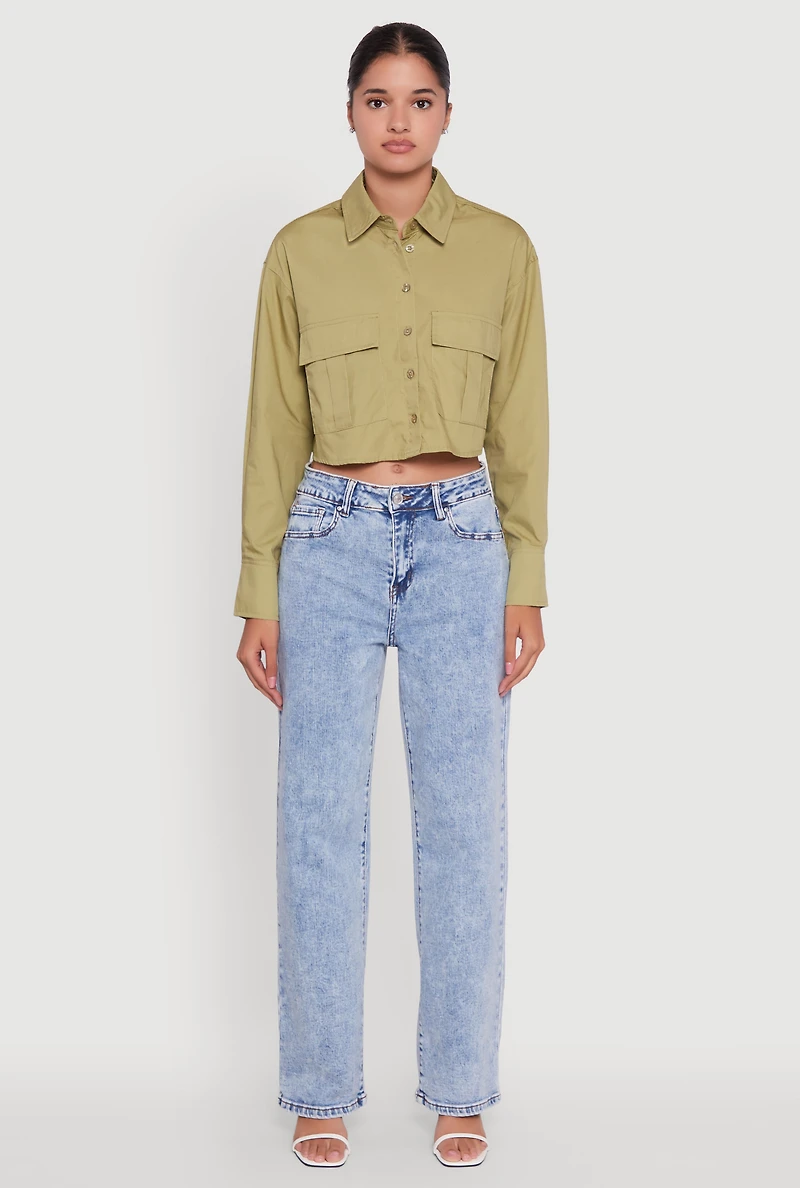 Womens Poplin Flap Pocket Boxy Cropped Shirt, Green, Size L