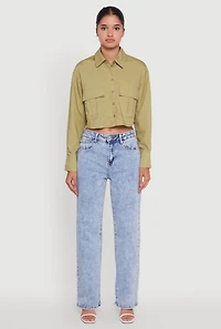 Womens Poplin Flap Pocket Boxy Cropped Shirt, Green, Size L