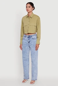 Womens Poplin Flap Pocket Boxy Cropped Shirt, Green, Size L