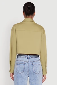 Womens Poplin Flap Pocket Boxy Cropped Shirt, Green, Size L