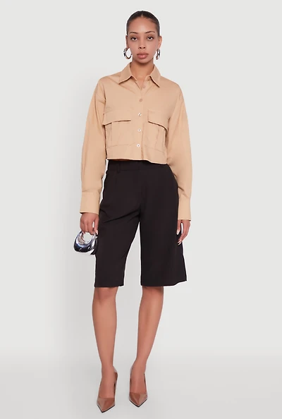 Womens Poplin Flap Pocket Boxy Cropped Shirt,