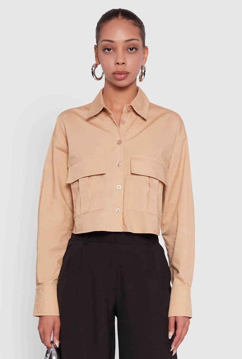 Womens Poplin Flap Pocket Boxy Cropped Shirt,