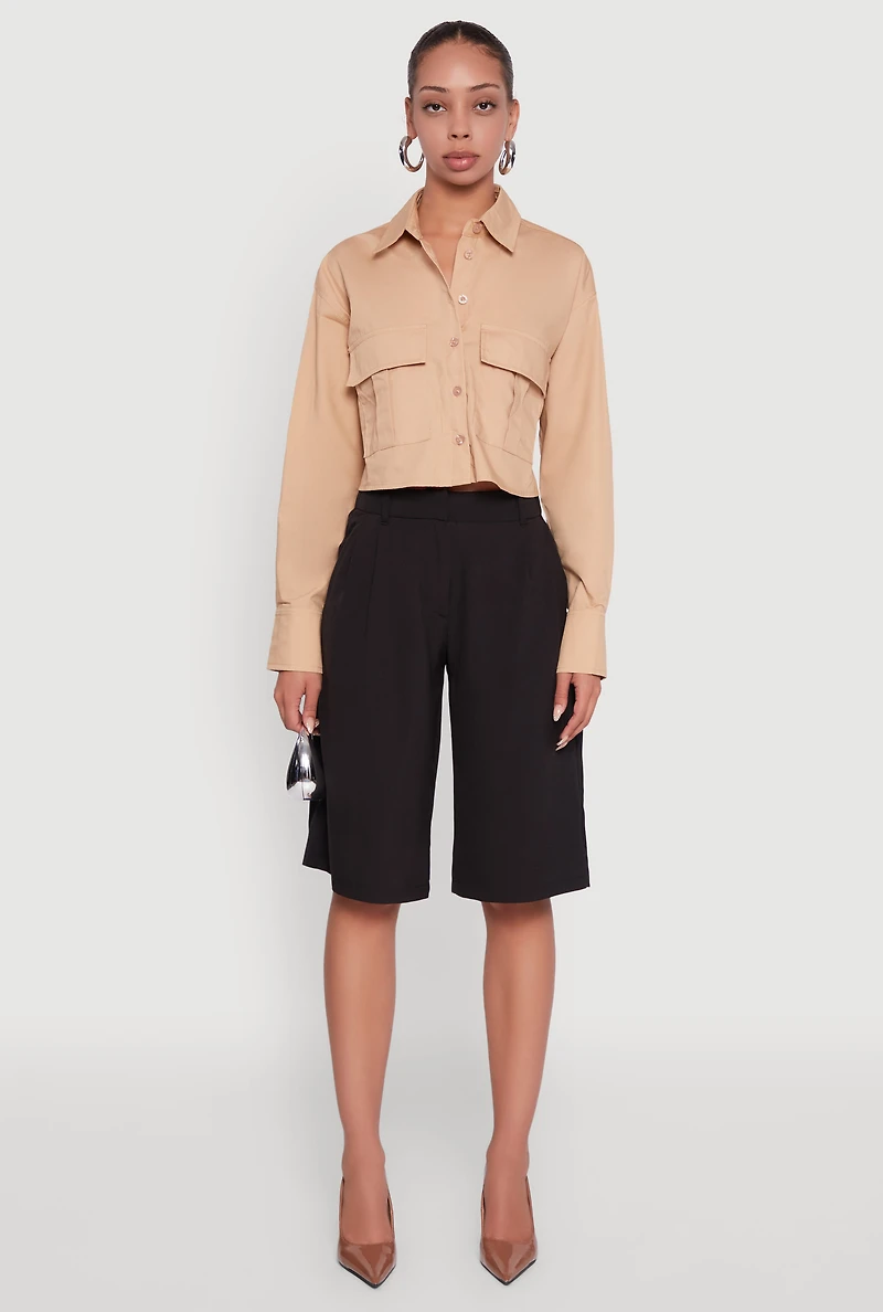 Womens Poplin Flap Pocket Boxy Cropped Shirt,