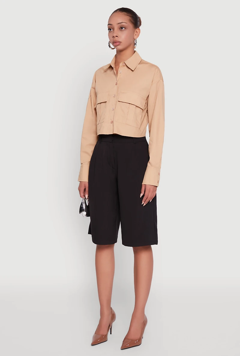 Womens Poplin Flap Pocket Boxy Cropped Shirt, Beige, Size L