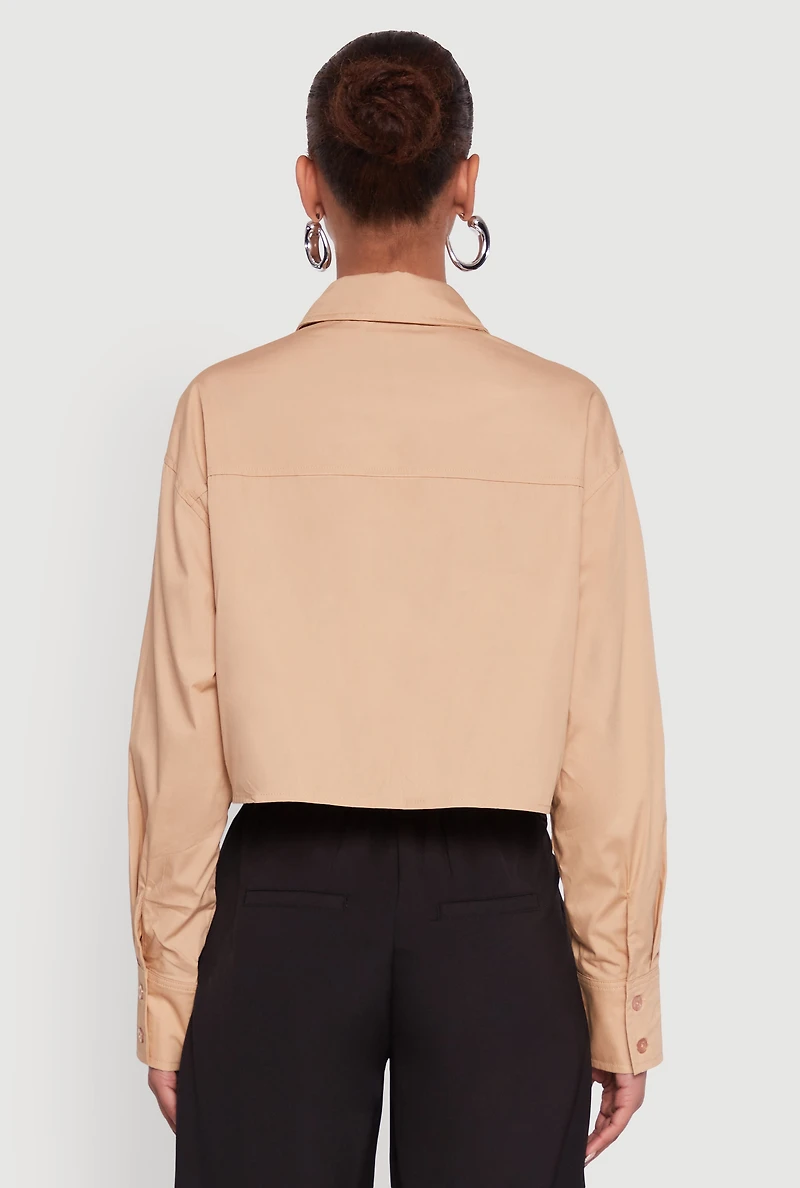 Womens Poplin Flap Pocket Boxy Cropped Shirt,