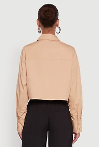 Womens Poplin Flap Pocket Boxy Cropped Shirt, Beige, Size L