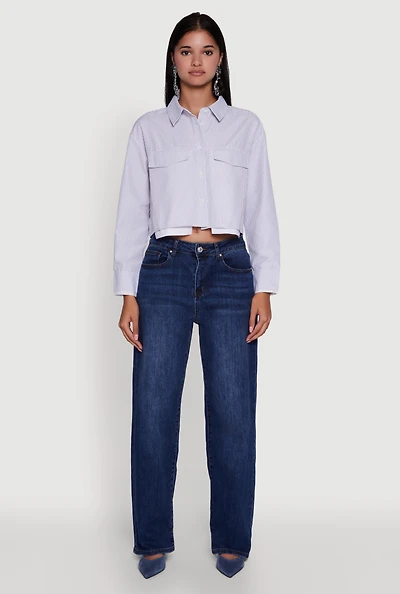 Womens Striped Long Sleeve Button Front Cropped Shirt, Blue, Size S