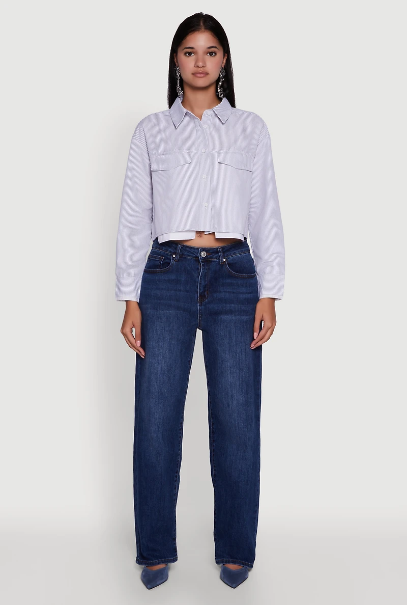 Womens Striped Long Sleeve Button Front Cropped Shirt, Blue, Size M