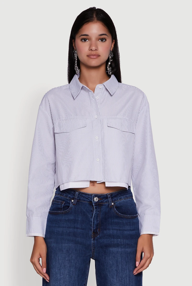 Womens Striped Long Sleeve Button Front Cropped Shirt, Blue, Size M