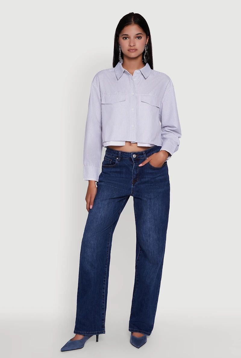 Womens Striped Long Sleeve Button Front Cropped Shirt, Blue, Size M