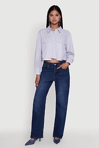 Womens Striped Long Sleeve Button Front Cropped Shirt, Blue, Size M