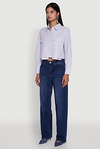 Womens Striped Long Sleeve Button Front Cropped Shirt, Blue, Size M