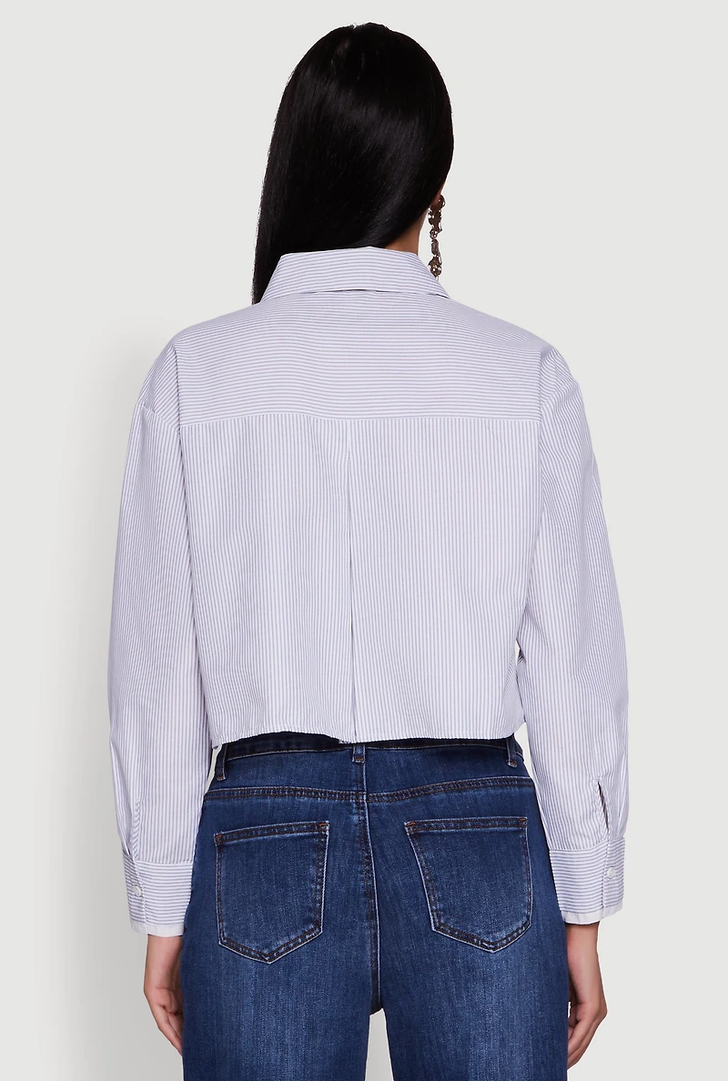 Womens Striped Long Sleeve Button Front Cropped Shirt, Blue, Size M