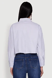 Womens Striped Long Sleeve Button Front Cropped Shirt, Blue, Size M