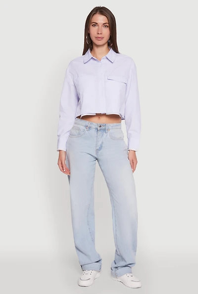 Womens Striped Long Sleeve Button Front Cropped Shirt, Blue, Size L