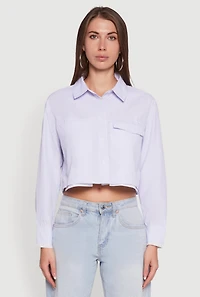 Womens Striped Long Sleeve Button Front Cropped Shirt, Blue, Size L