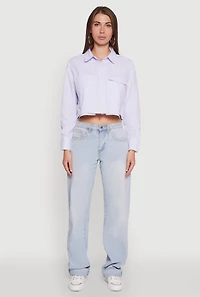 Womens Striped Long Sleeve Button Front Cropped Shirt, Blue, Size L