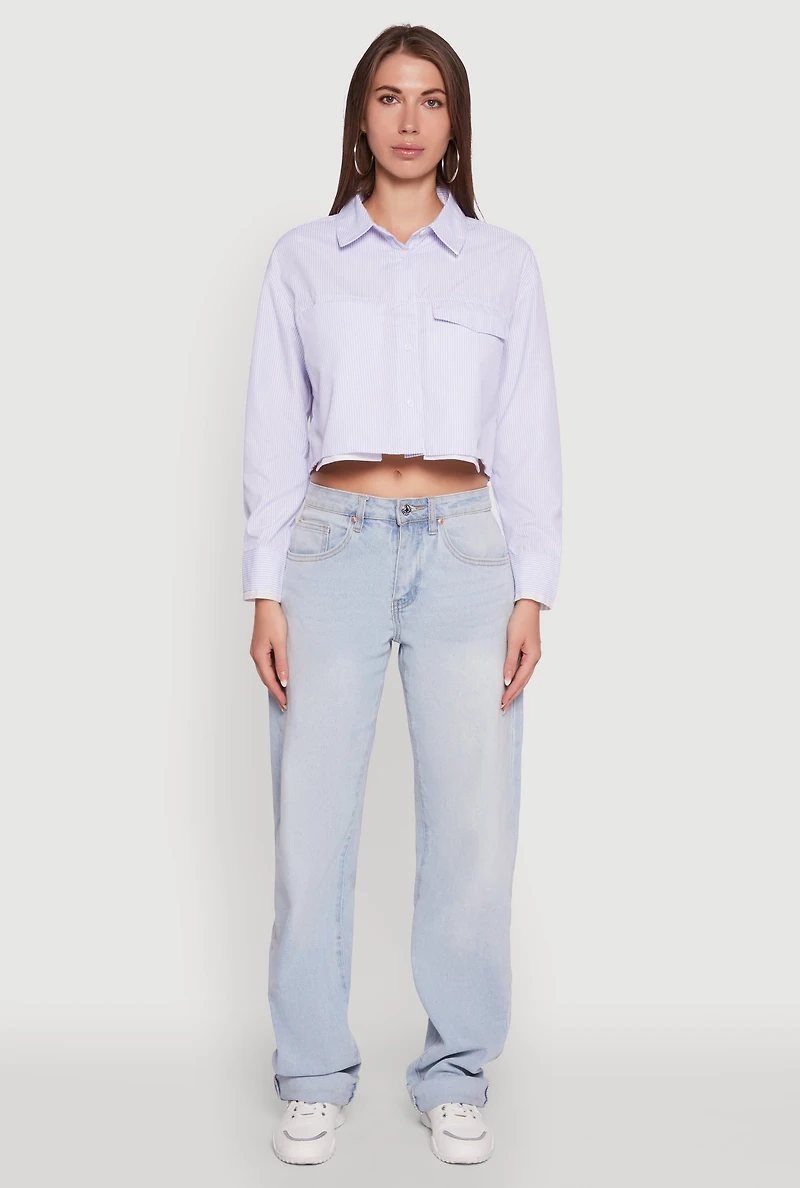 Womens Striped Long Sleeve Button Front Cropped Shirt, Blue,