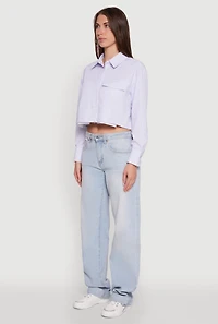 Womens Striped Long Sleeve Button Front Cropped Shirt, Blue, Size L