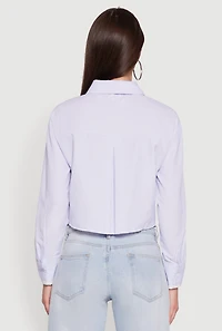 Womens Striped Long Sleeve Button Front Cropped Shirt, Blue, Size L