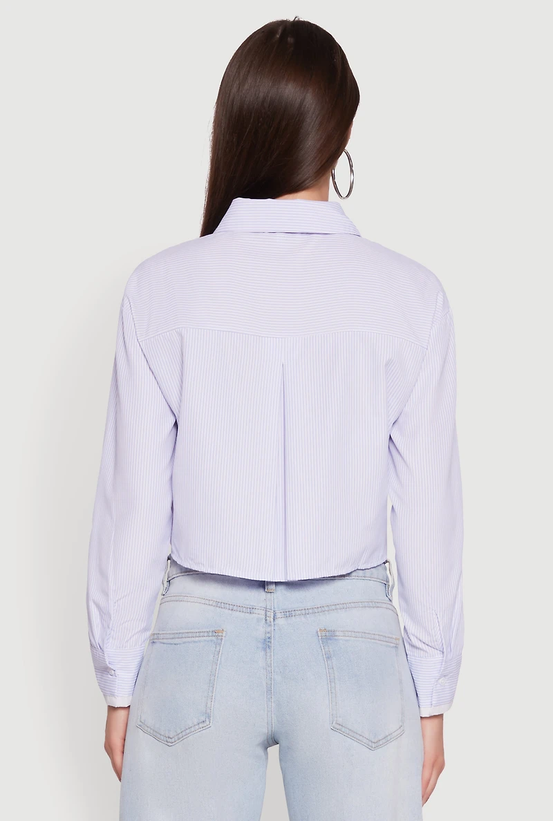 Womens Striped Long Sleeve Button Front Cropped Shirt, Blue,