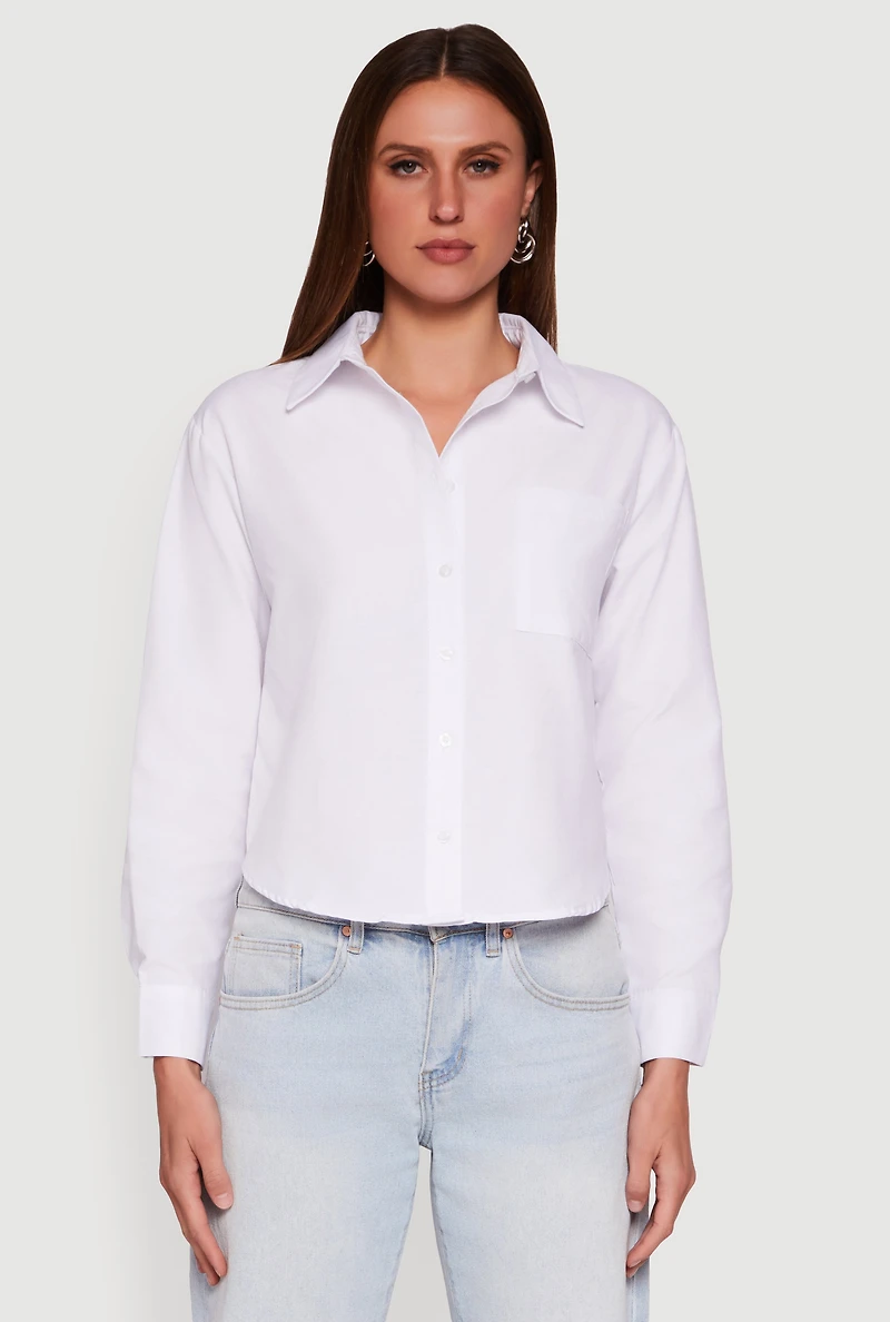 Womens Long Sleeve Poplin Button Front Shirt, White, Size S