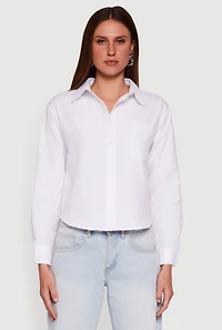 Womens Long Sleeve Poplin Button Front Shirt, White, Size S