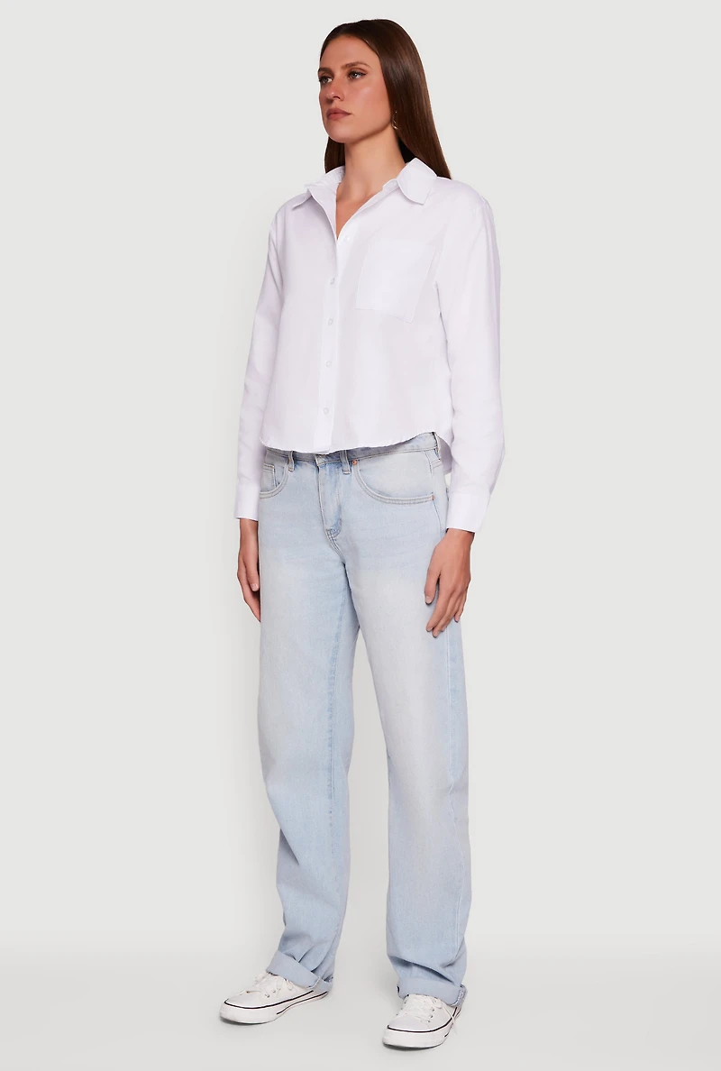 Womens Long Sleeve Poplin Button Front Shirt, White, Size S