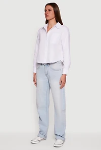 Womens Long Sleeve Poplin Button Front Shirt, White, Size S