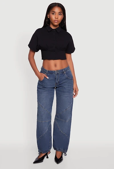 Womens Fixed Cuff Cropped Button Front Shirt, Black,