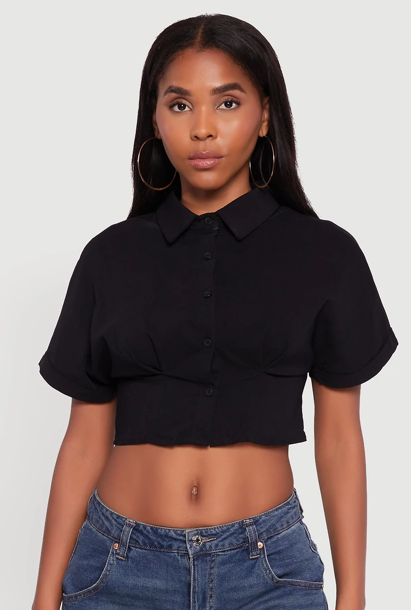 Womens Fixed Cuff Cropped Button Front Shirt, Black,