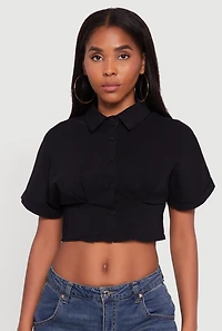 Womens Fixed Cuff Cropped Button Front Shirt, Black,