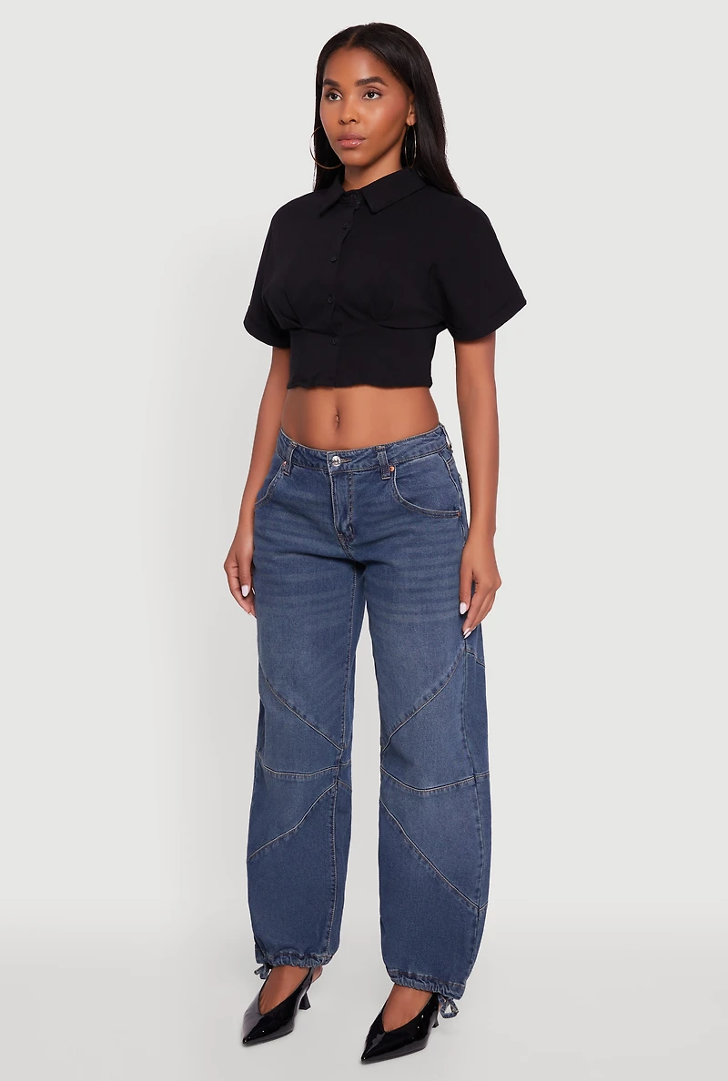 Womens Fixed Cuff Cropped Button Front Shirt, Black,